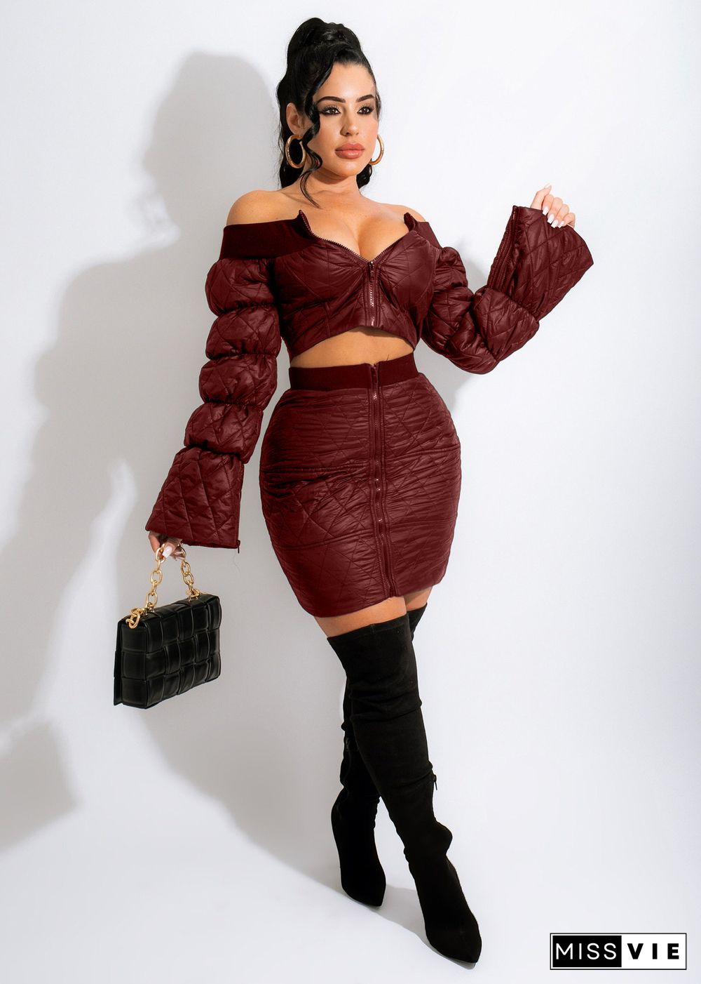 Off Shoulder Long Sleeve Crop Top+Bodycon Skirt Set