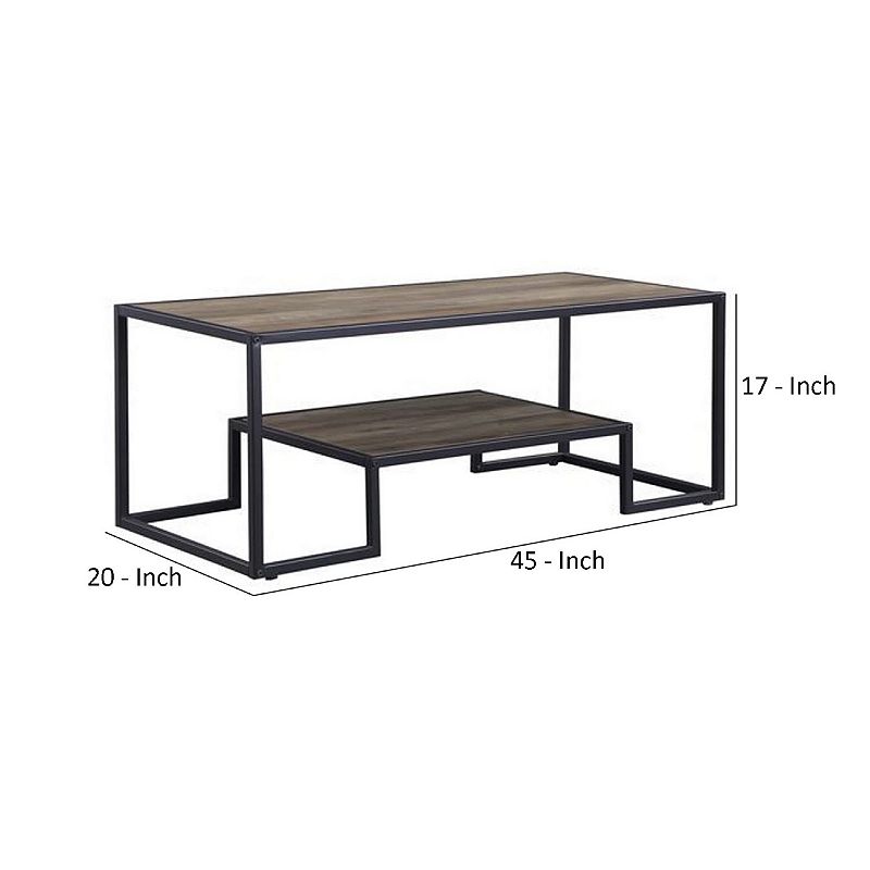 Coffee Table with 1 Open Shelf and Tubular Frame， Oak Brown