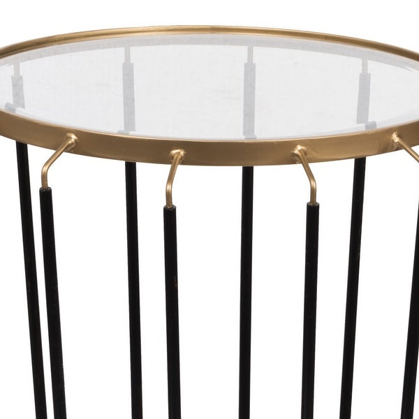 22 Inch Modern Iron Accent End Table， Cage Pattern， Glass Top， Gold， Black