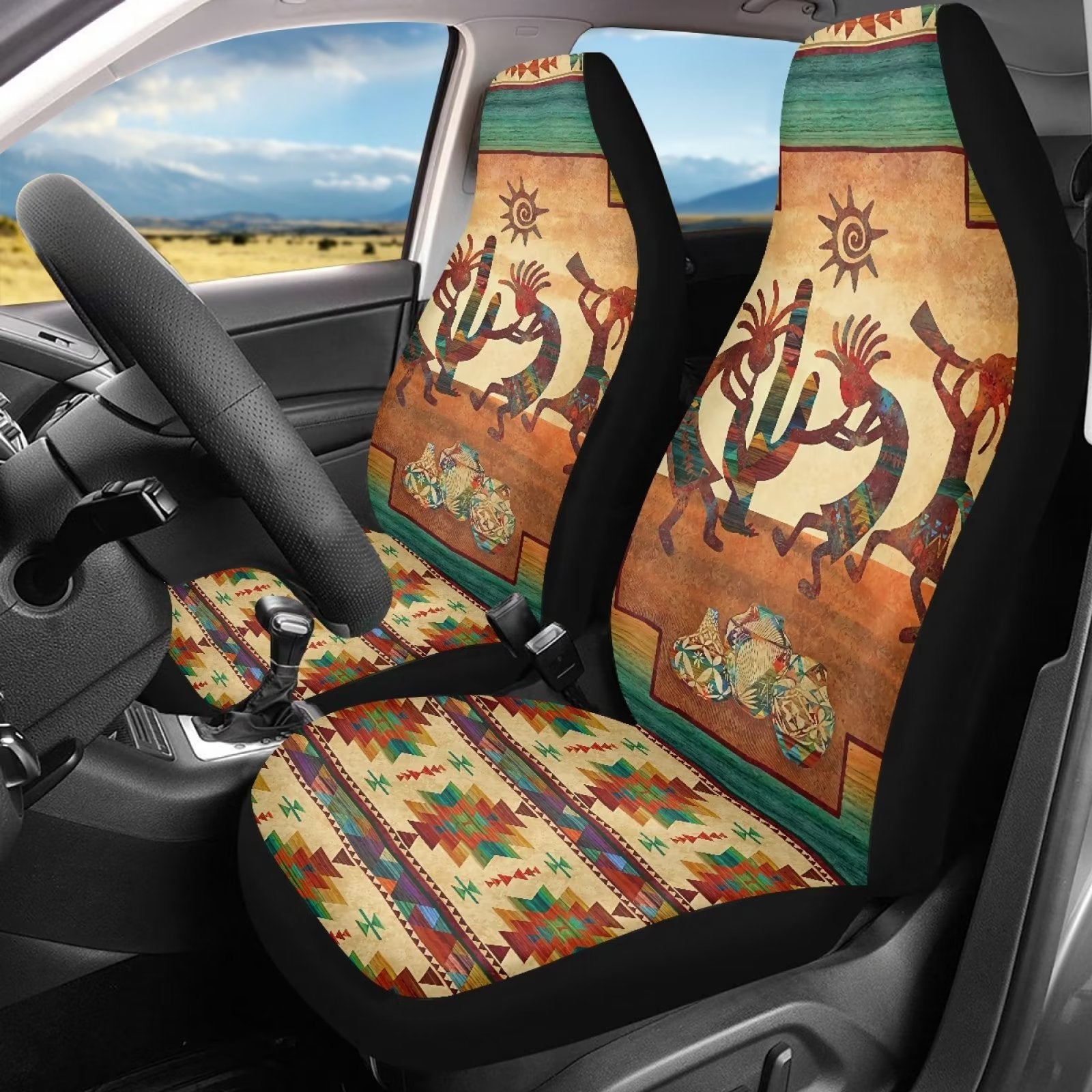 NETILGEN South Western Aztec Tribe Car Covers Set Wear-Resistant Bench Cover Auto Accessories 2 Pieces Kit Flexible Seat Covers for Cars Full Set Fit SUV Van Truck