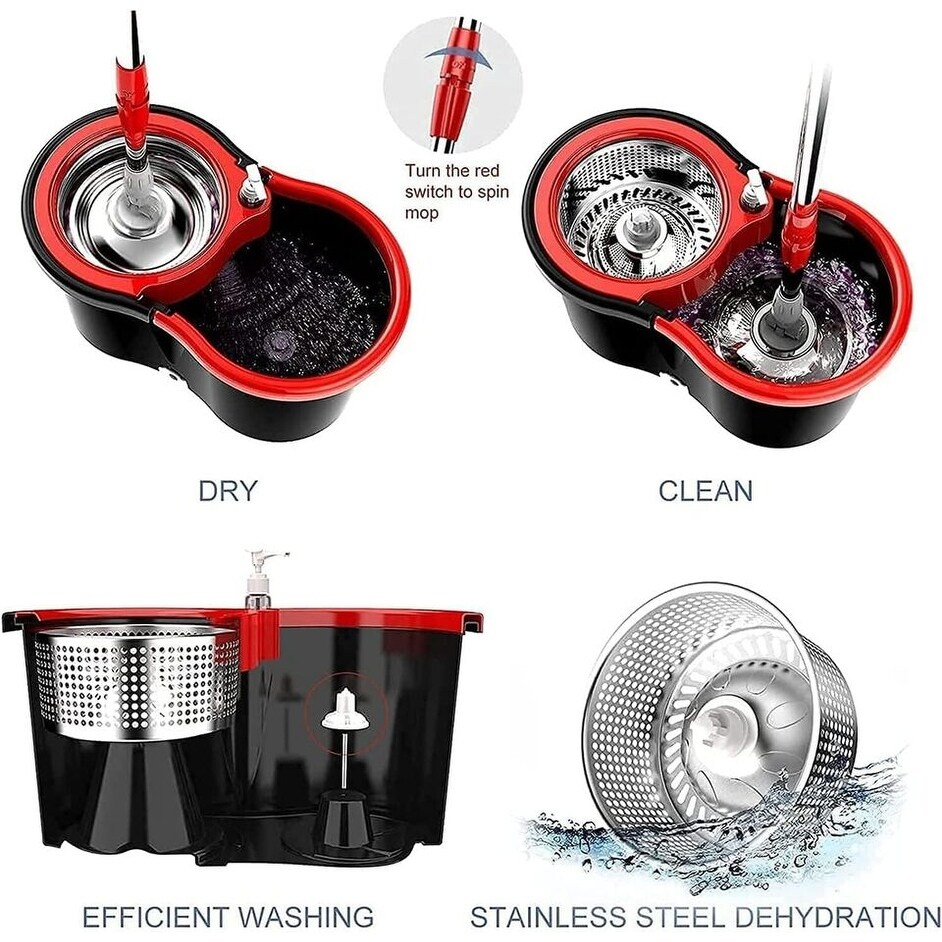 360 Degree Spin Mop Bucket Set with Wringer + 3 Microfiber Refills