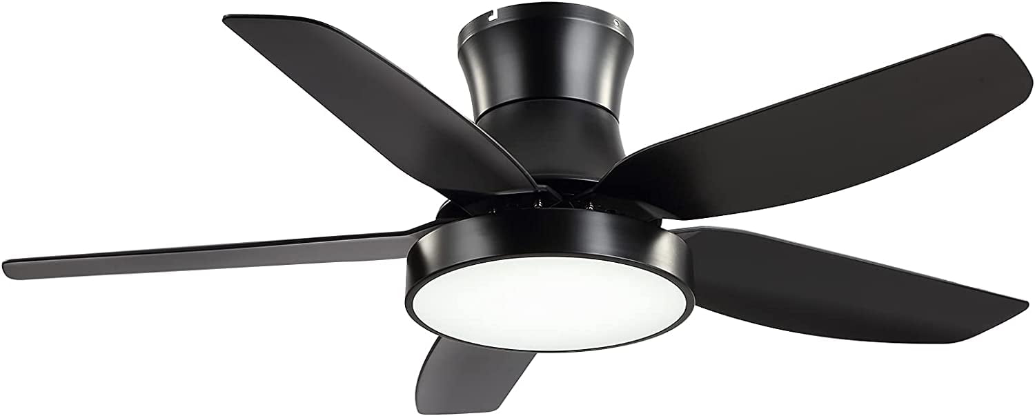 KAPOEFAN 46inch Black Flush Mount Ceiling Fan with Lights Remote Control，5 blades， 6 Speeds with Reverse Airflow