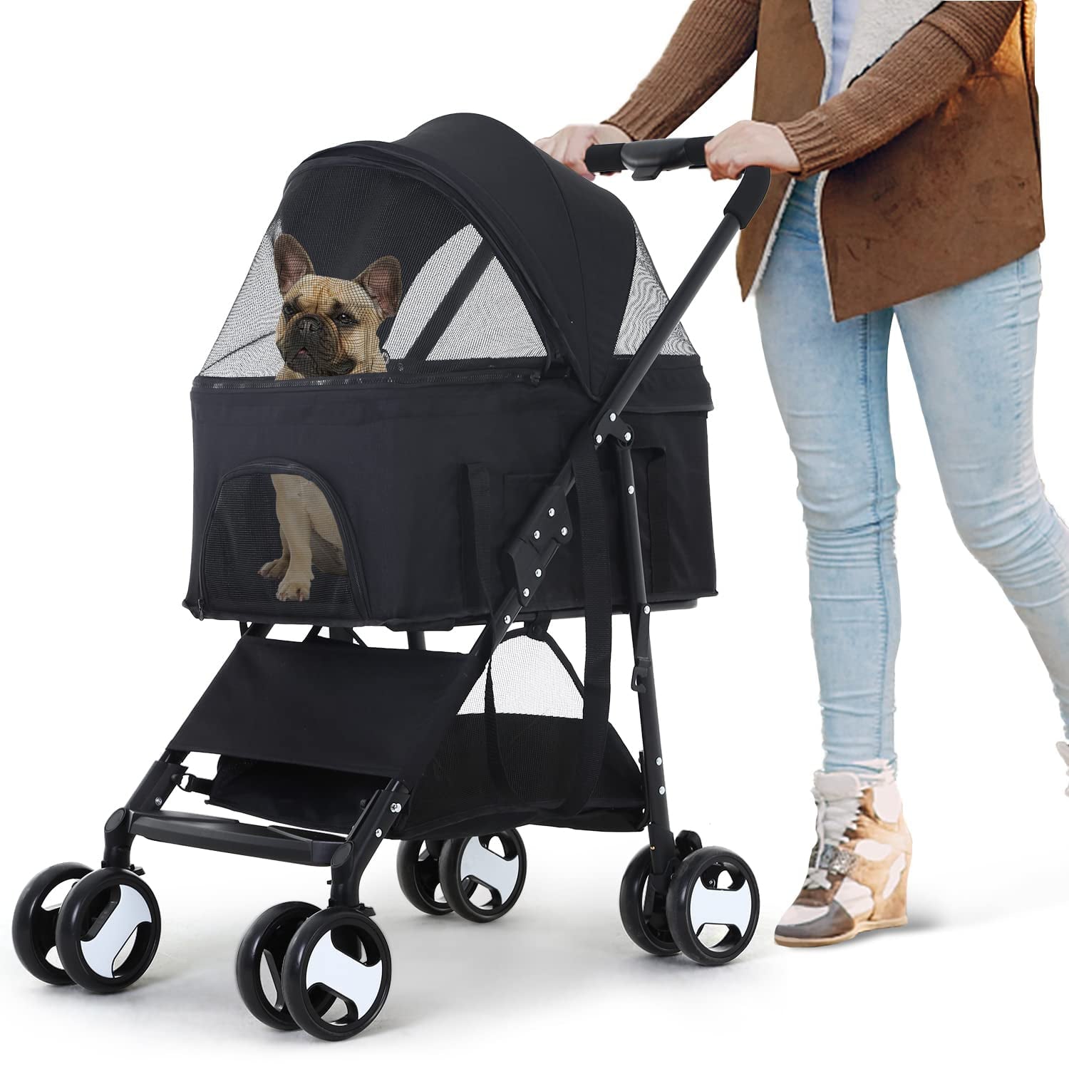 NiamVelo Foldable Pet Stroller Dog Stroller 3-in-1 Detachable Cat  Stroller w/4 Wheel for Puppy， Black