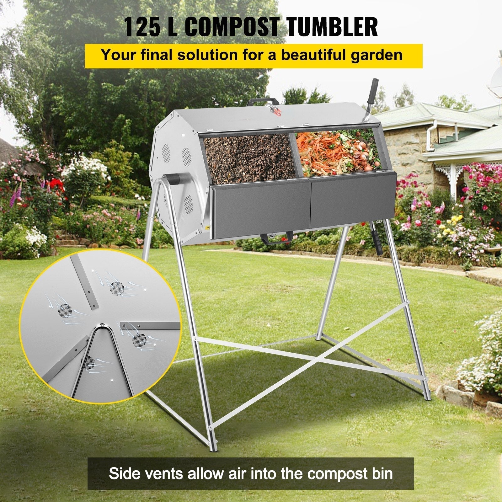 Premium 33 Gallon Steel Outdoor Compost Tumbler Bin With Dual-Chamber