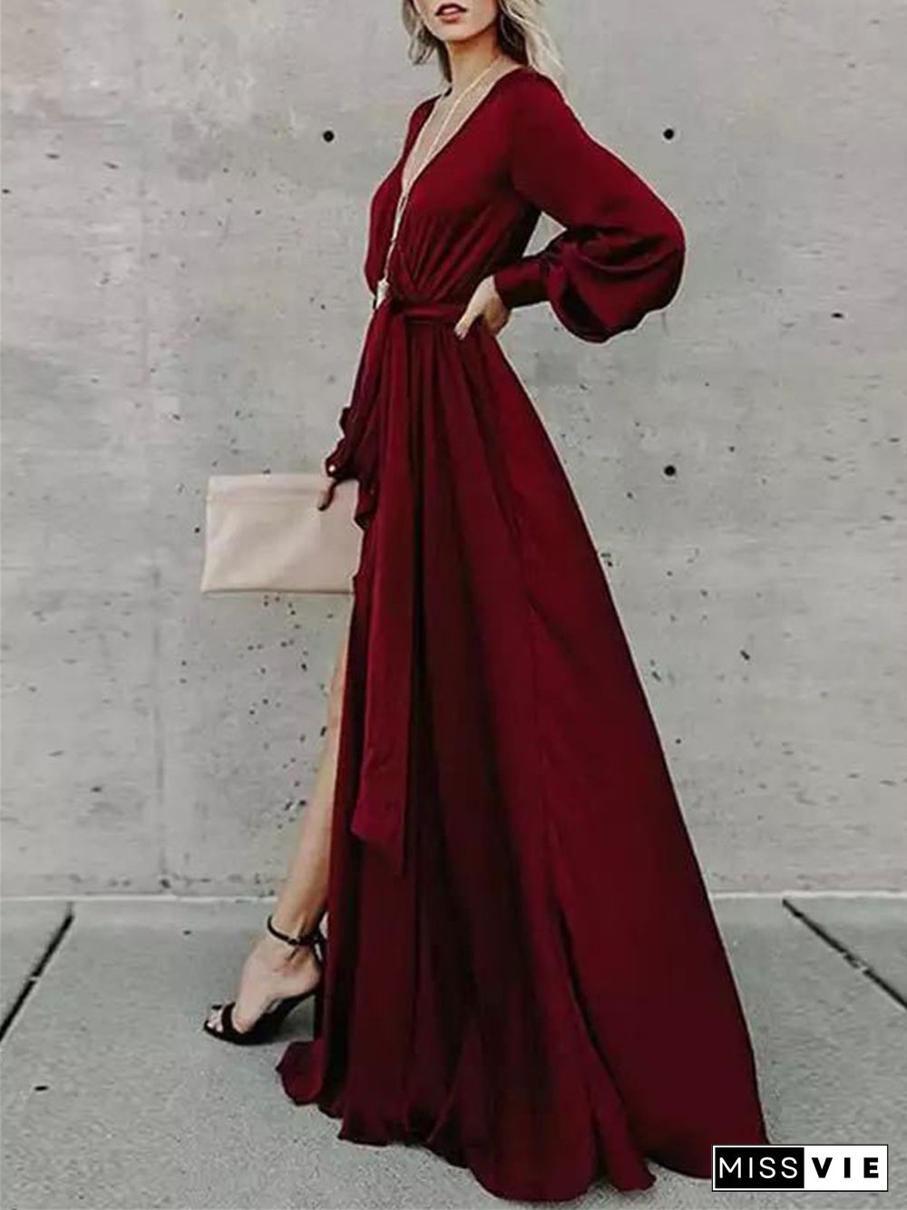 Solid  Color Sexy V-neck Long Sleeve Dress