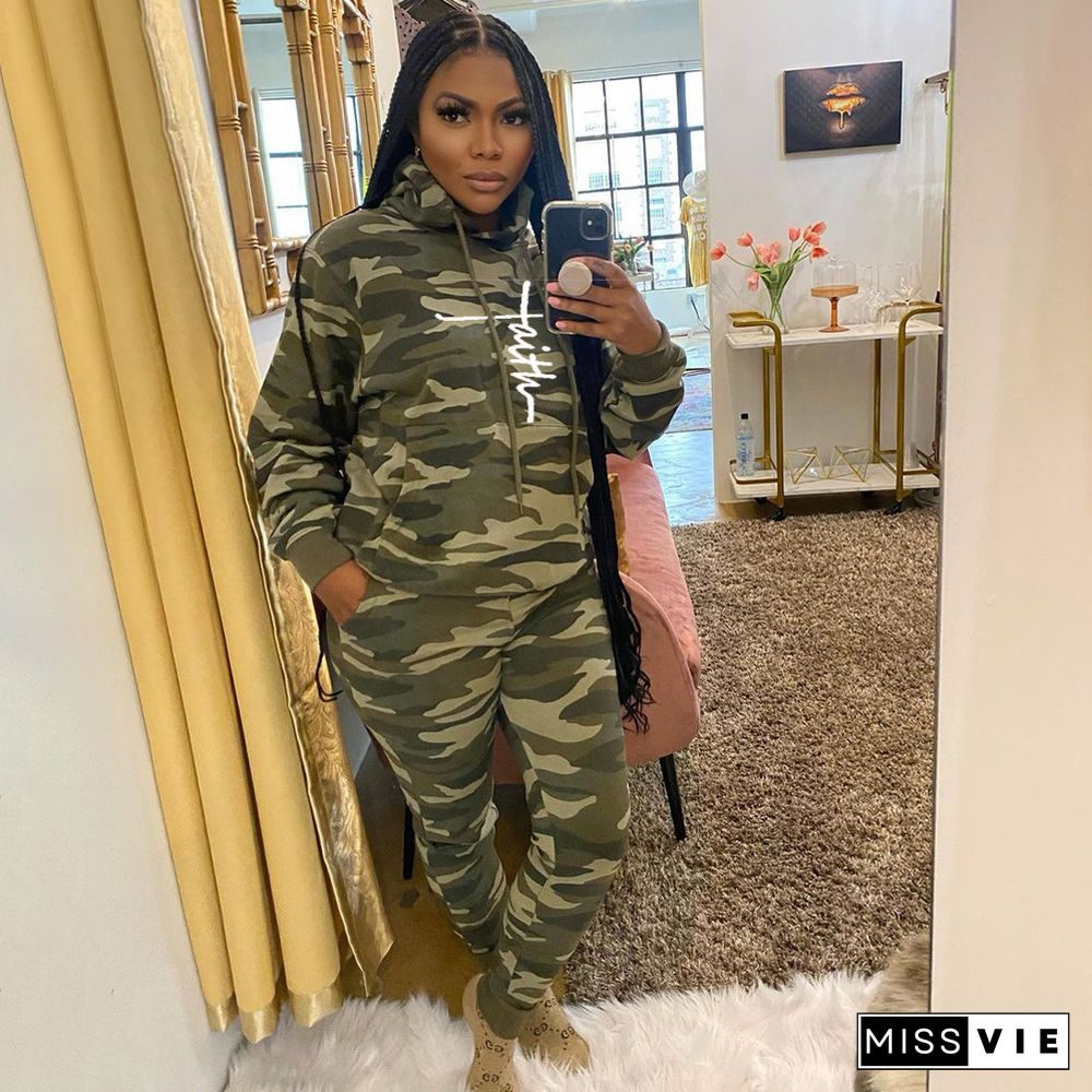 Camouflage Print Hoodie Joggers Pants Sweat Suit