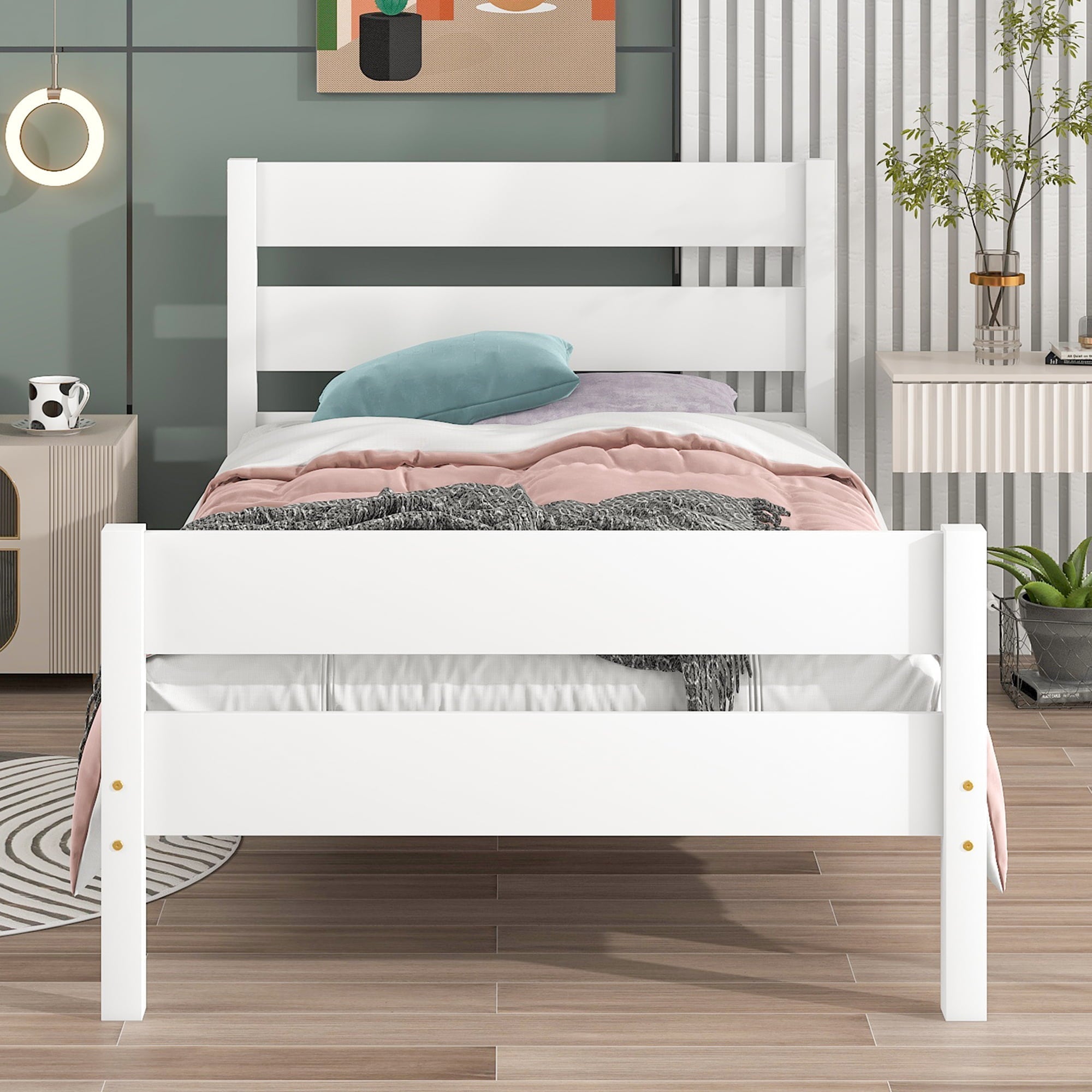 BTMWAY Wood Twin Bed Frame for Kids Adults, Solid Wood Platform Bed Frame with Headboard and Footboard, Modern Twin Size Bed Frame with Wooden Slats Support, No Box Spring Needed, White