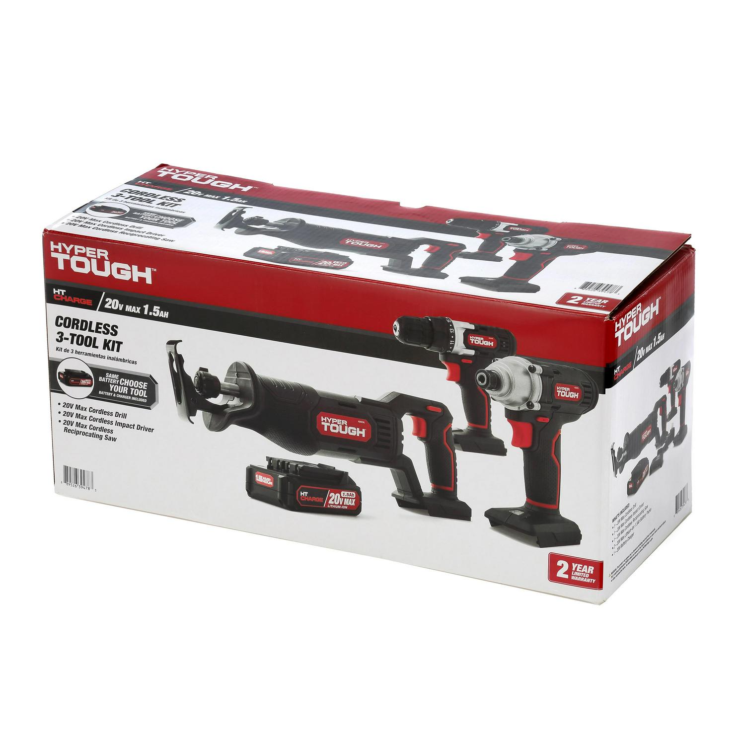 Hyper Tough 3 Tool Piece Set 20V Max Cordless Combo Kit with 3/8 inch Drill， 1/4 inch Impact Driver， Recip Saw with 2 1.5Ah Lithium-ion Batteries， Charger， Wood Blade， Built-in LED Light and Bag