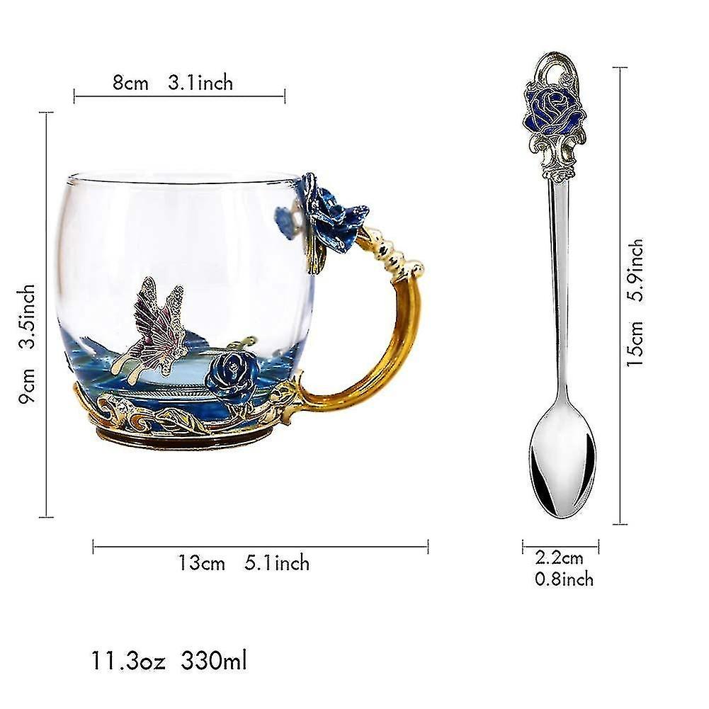 Enamels Butterfly Flower Lead Free Glass Coffee Mugs Tea Cup With Steel Spoon Set Gifts For Women Wi