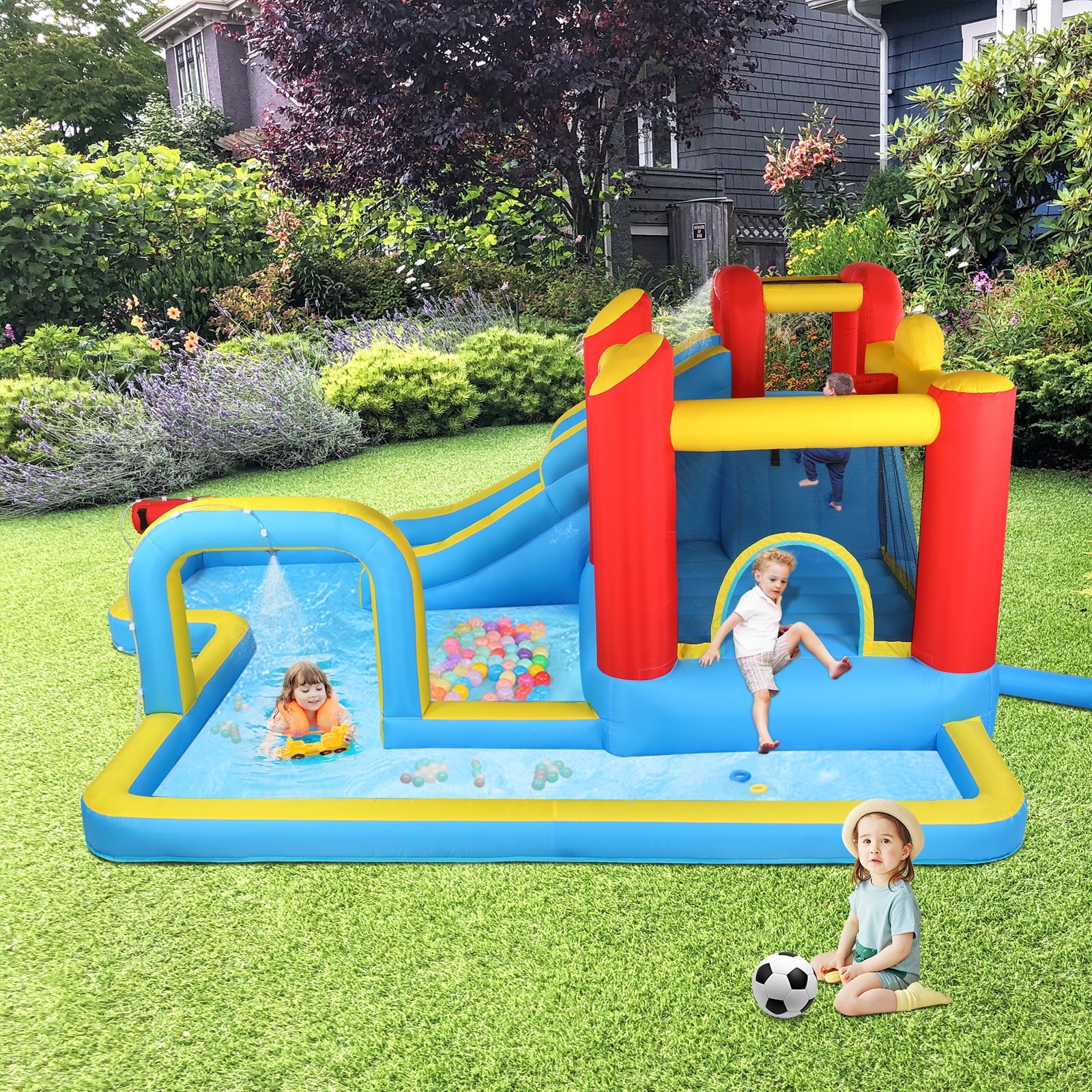 Track 7 Inflatable Bounce House,Inflatable Water Slide,Splash Pool,Climbing Wall,Trampoline,Basketball Hoop,Age 3+,Air Blower