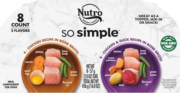 Nutro So Simple Meal Complement Chicken and Duck Recipe in Bone Broth Variety Pack Grain-Free Wet Dog Food Topper， 2-oz tray， case of 16