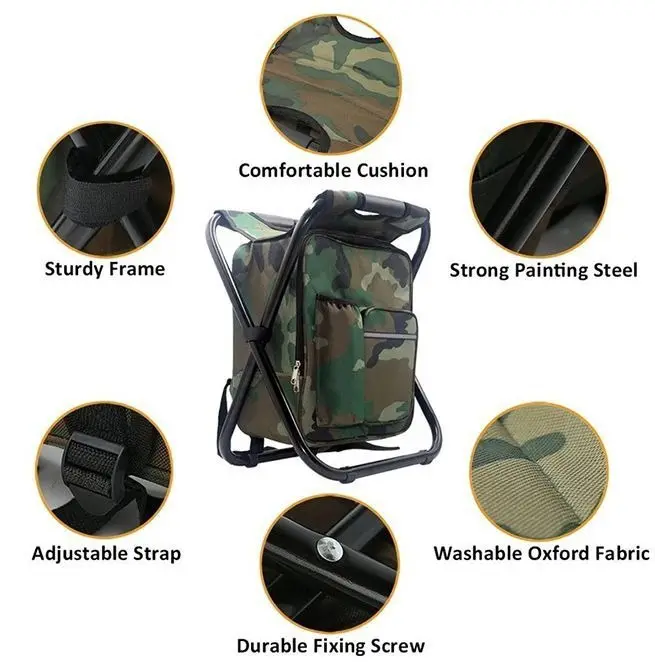 Portable Folding Hiking Camouflage Seat Camping Beach Chairs Stool Backpack With Cooler Insulated Picnic Bag For Outdoor Fishing