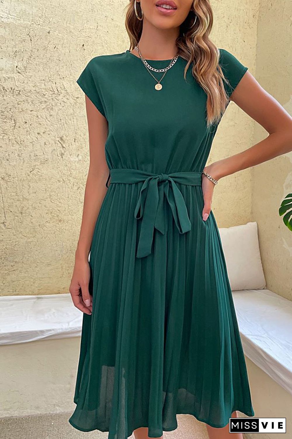 Plain Pleated with Belt Short Sleeves Midi Dress