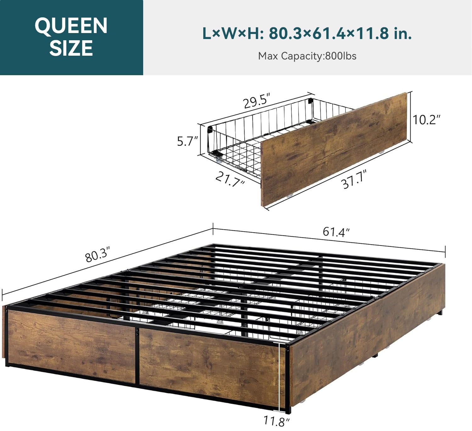 Heavy Duty Metal Bed Frame with 4 Large Storage Drawers, No Springs Required