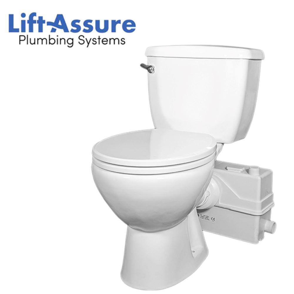 LIFT ASSURE Rear Outlet P-Trap Macerating 3-piece 1.28 GPF Dual Flush Round Toilet in White Seat Included Plus 1HP Pump LARound