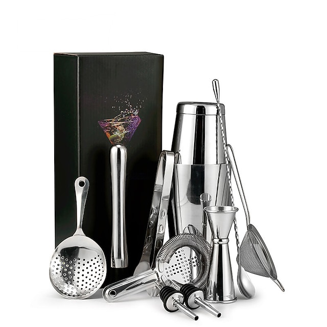 Boston Cocktail Shaker Set 12 Stainless Steel Bartender Kit, Including Shaker Tins, Double Jigger, Muddler, Mixing Spoon, Ice Tong, Cocktail Strainer and Conical Strainer by Barfame Gold Sliver Black