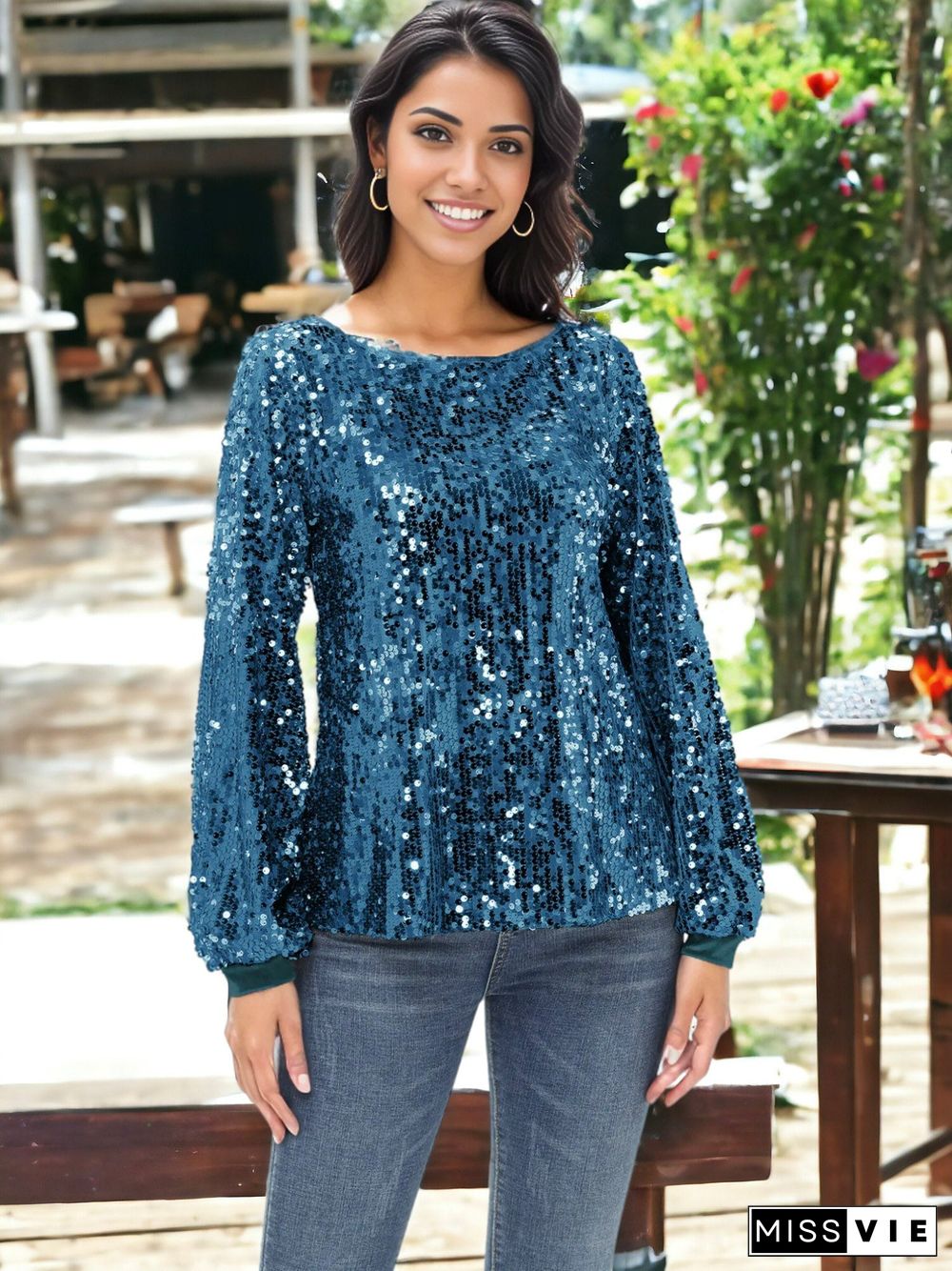 Sequin Party Tie Waist Sweatshirt Pullover Top