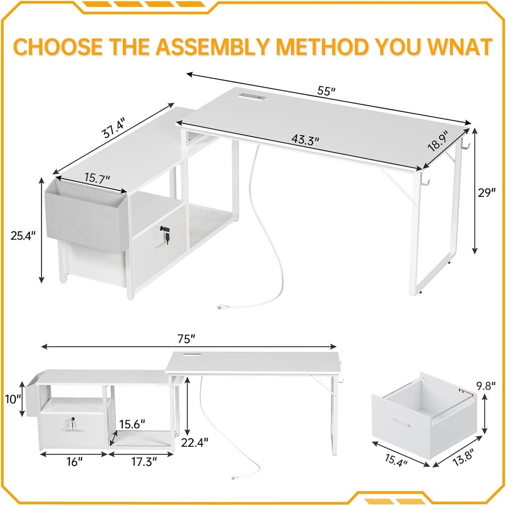 L Shaped Desk Reversible Corner Office Desk with Lock Drawer