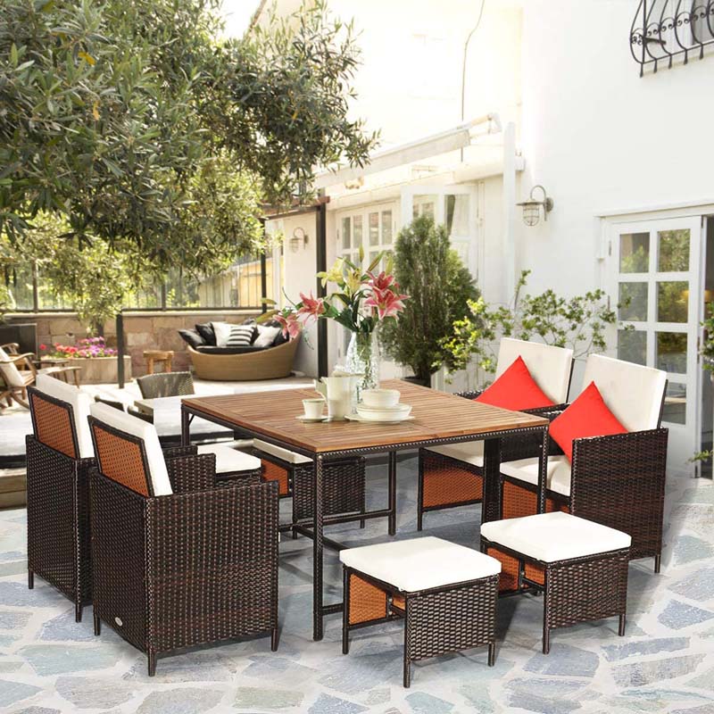 9 Pcs Rattan Wicker Outdoor Patio Dining Set with Acacia Wood Dining table, 4 Ottomans, 4 Cushioned Armchairs