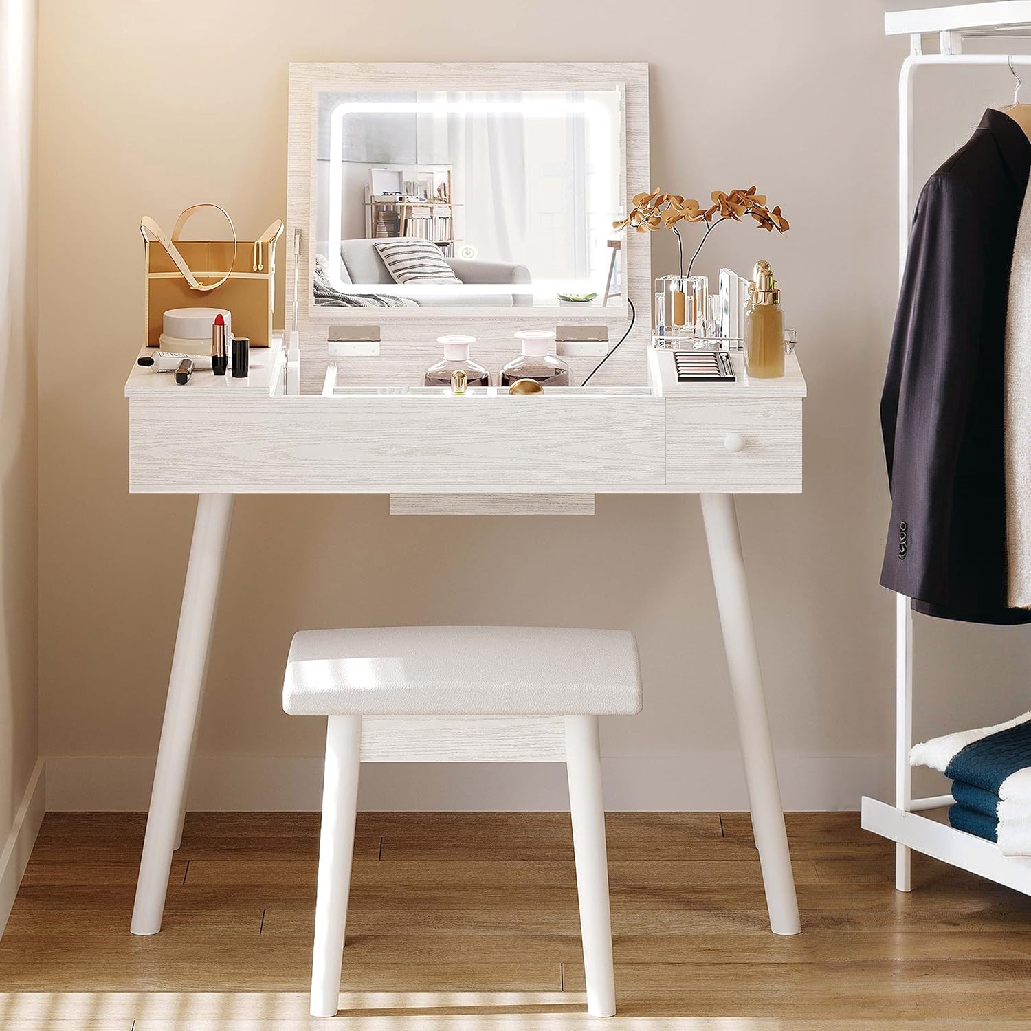 Flip Top Vanity Desk Set with LED Lighted Mirror and Power Outlet, Makeup Vanity Table with Drawers and Cabinet