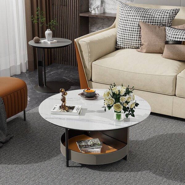 Sintered Stone Round Coffee Table Microfiber Saddle Leather Covered