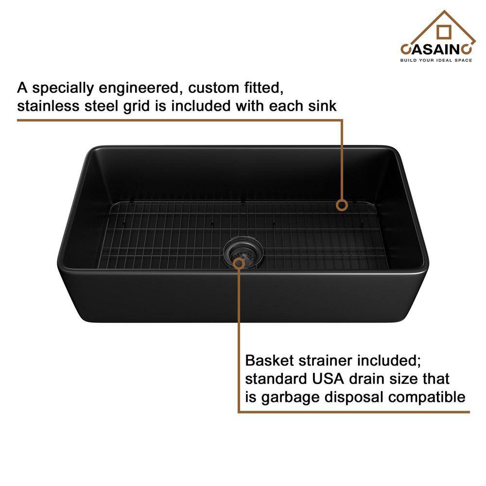 CASAINC Fireclay 36 in. Single Bowl Farmhouse Apron Kitchen Sink with Grid and Strainers in Matte Black With cUPC Certified CA-SN3618-B