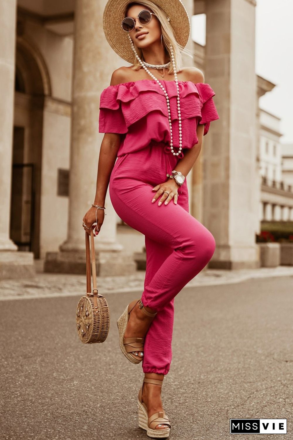 Rose Ruffled Off Shoulder Jogger Jumpsuit