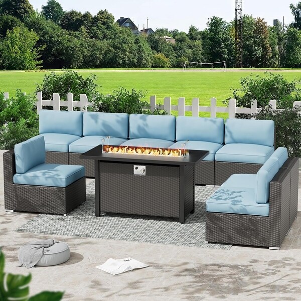 9Piece Outdoor Patio Furniture Sectional Sofa Set with Fire Pit Table