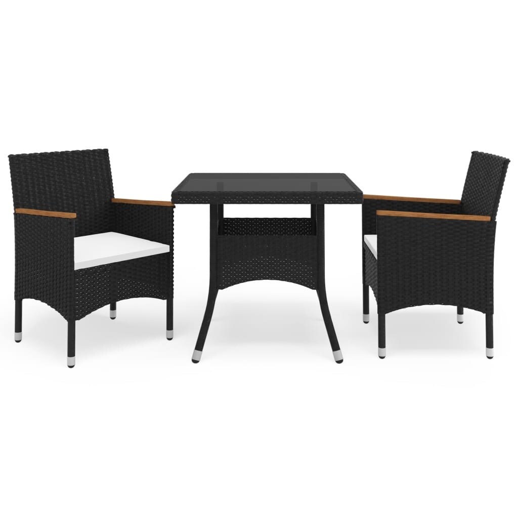 3 Piece Garden Dining Set Black Poly Rattan and Acacia Wood - Overstock - 35105956