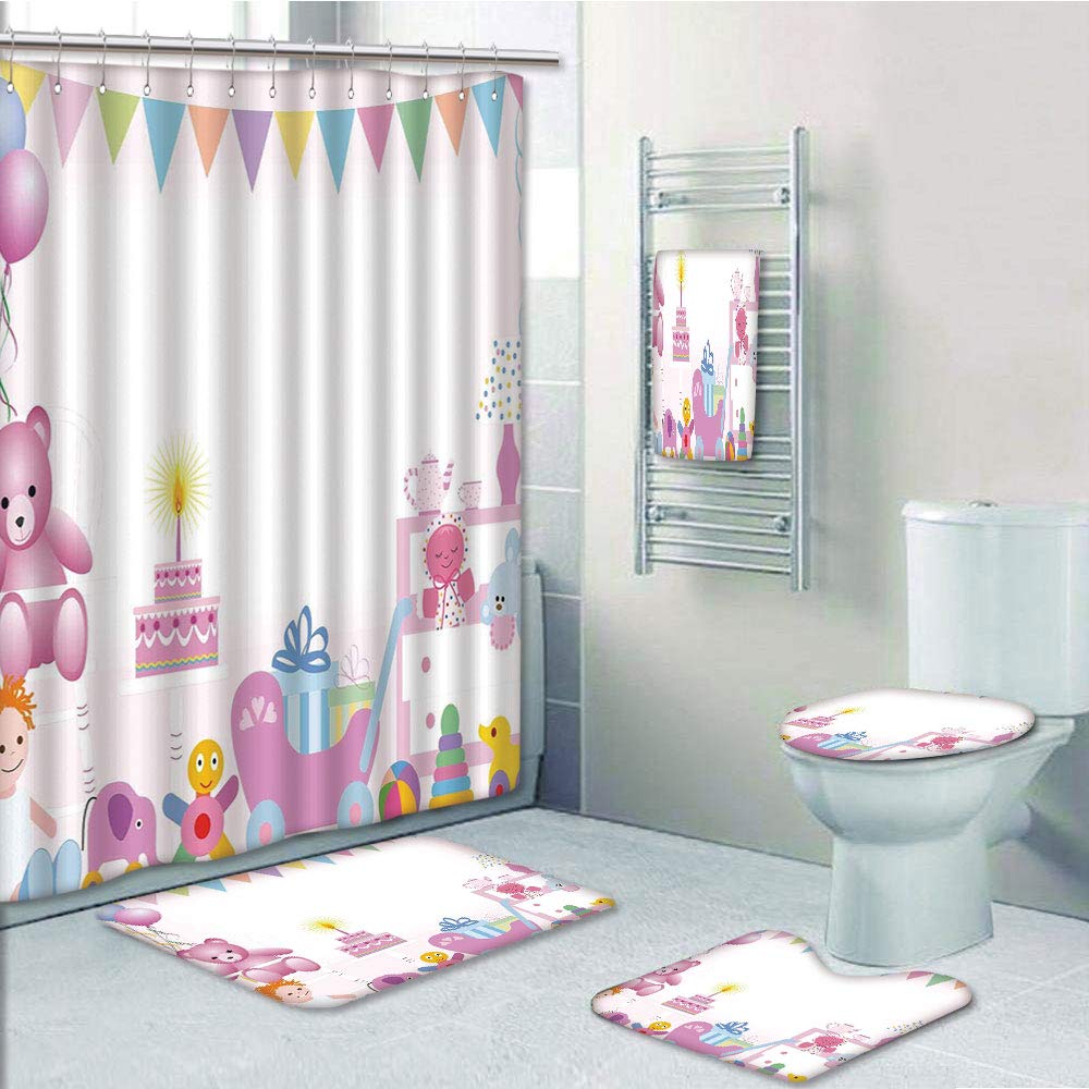 PRTAU Birthday for Kids Baby Girl Birthday Celebraiton Party with Flags Bears Toys 5 Piece Bathroom Set Shower Curtain Bath Towel Bath Rug Contour Mat and Toilet Lid Cover