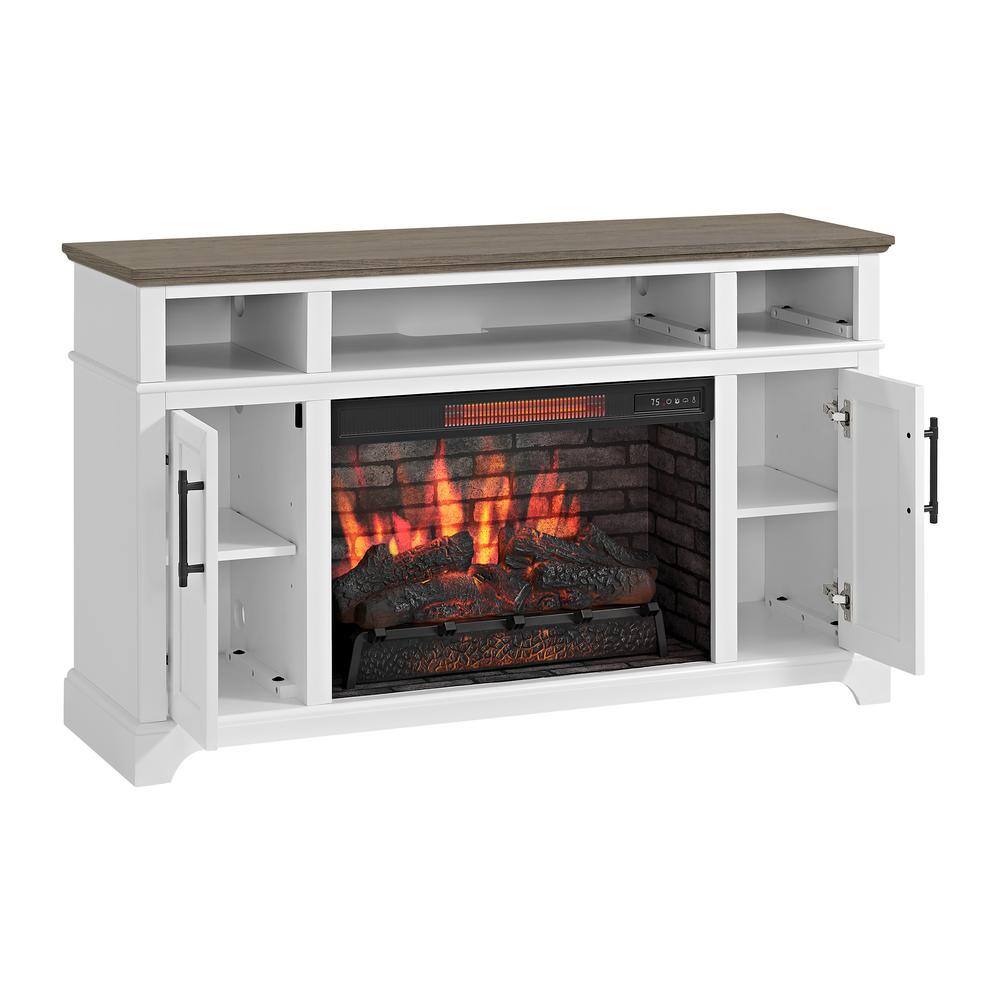 Home Decorators Collection Hillrose 52 in. Freestanding Electric Fireplace TV Stand in White with Rustic Taupe Oak Top 2240FM-26-201