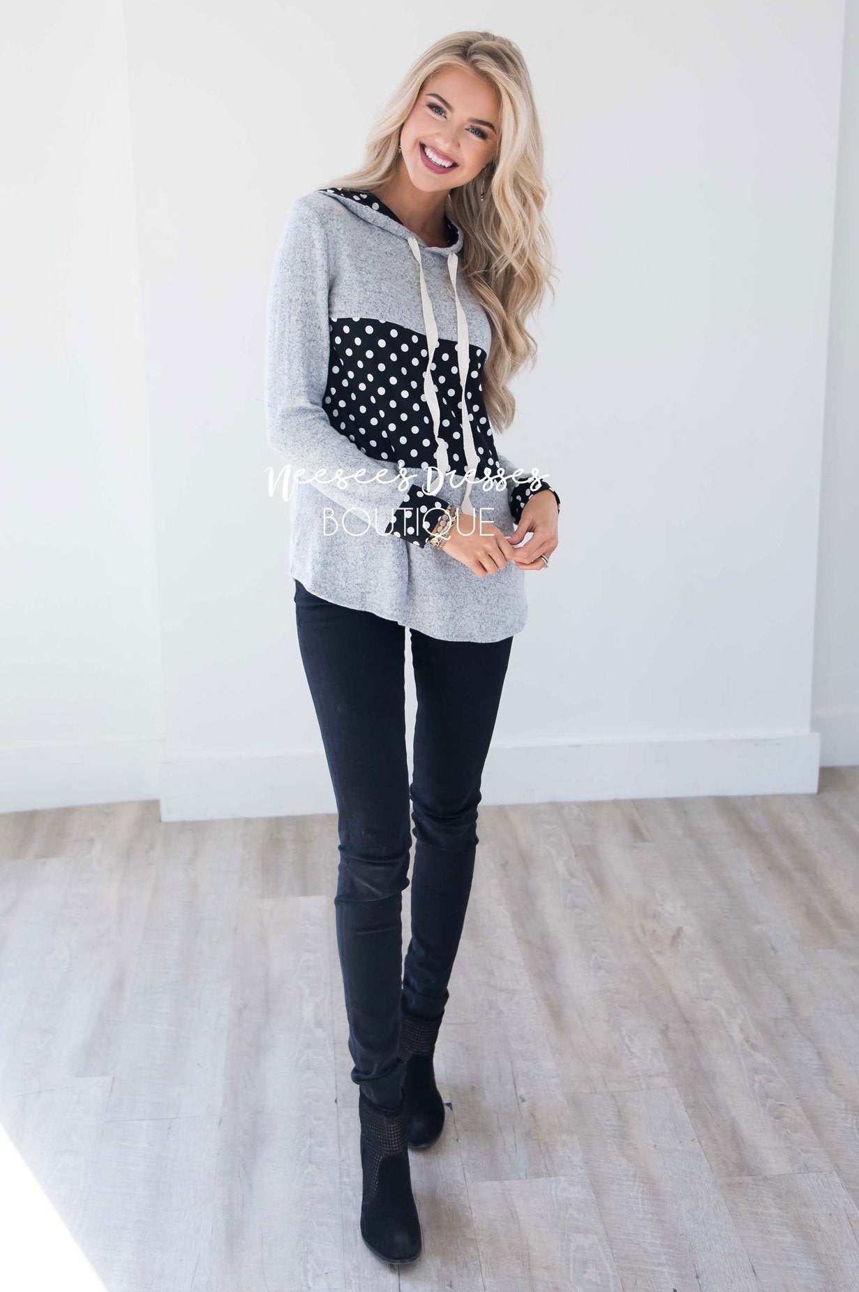 Soft Gray Hoodie with Black & White Polka Dots