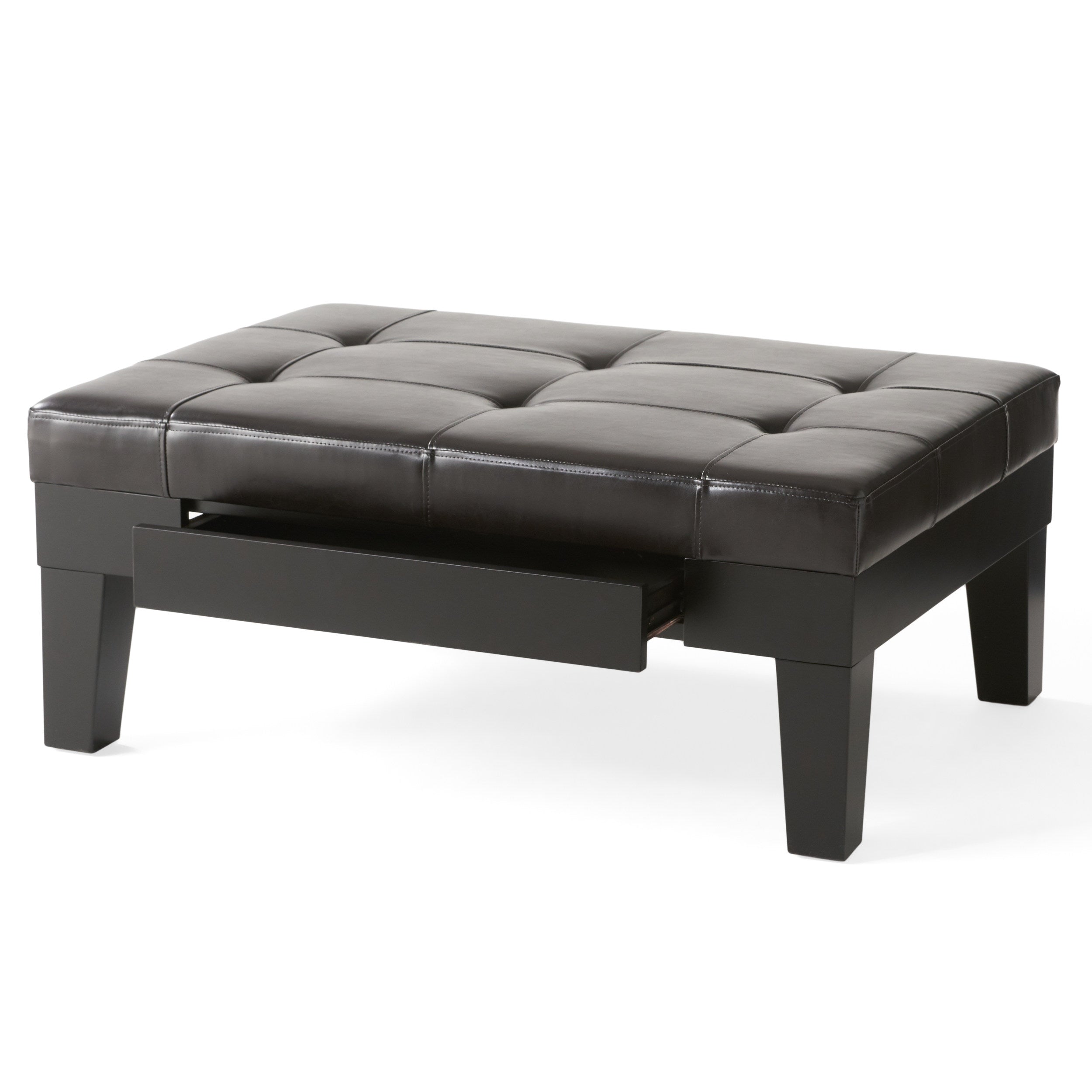 Tucson Contemporary Tufted Leather Storage Ottoman Table with Drawer