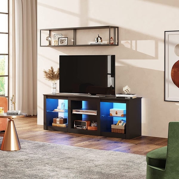 TV Stand with LED Lights for TVs up to 65 inch， Entertainment Center with Glass Shelves， Modern TV Stand for Living Room