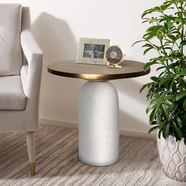 17 Inch Round Brass Modern Accent End Table with Cylindrical Marble Base， Brass， White