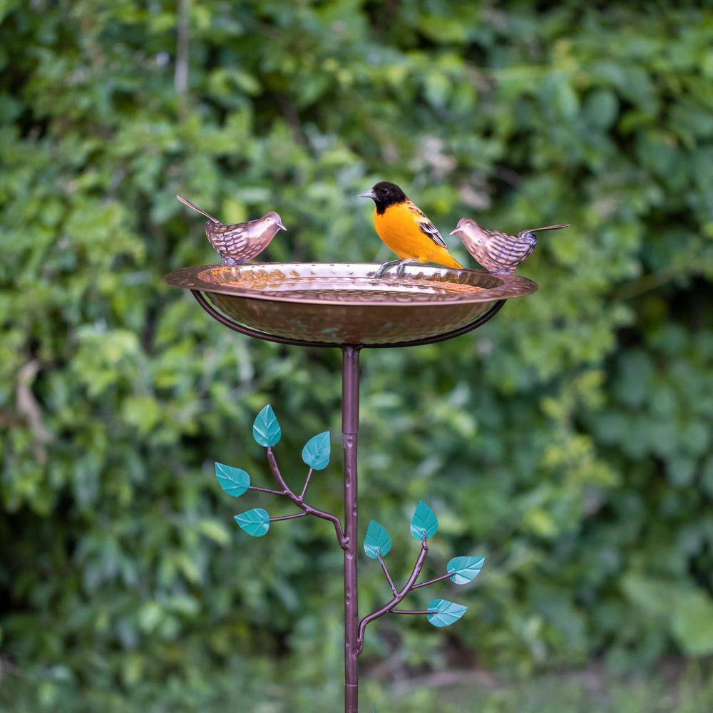 Good Directions Pure Copper Birdbath， Featuring Two Copper Birds and a Tree Themed Multi-Pronged Garden Pole BBG-2