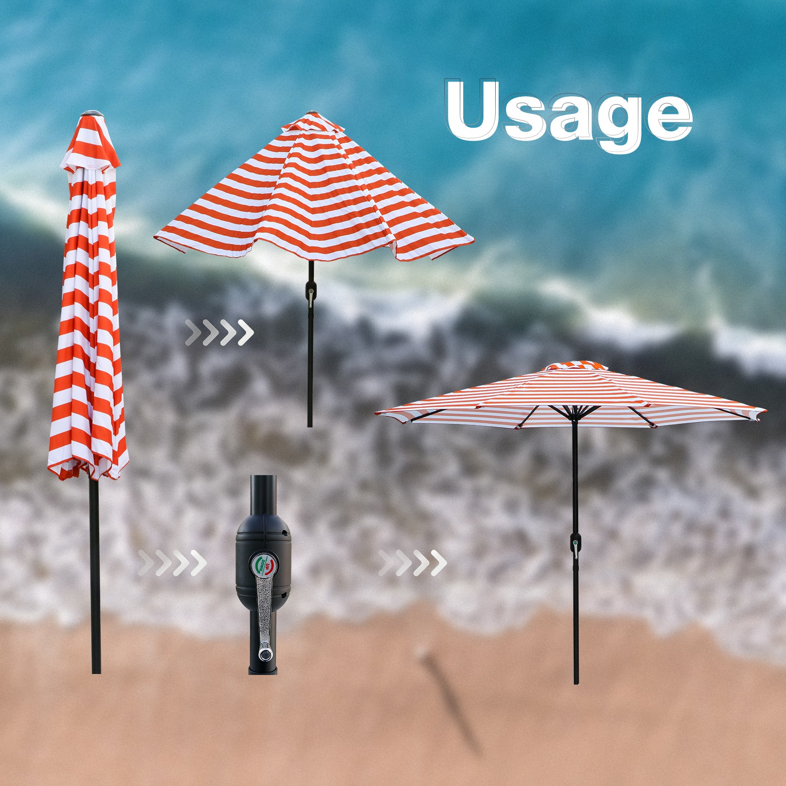 9Ft Patio Umbrella Outdoor Garden Table Patio Folding 8 Ribs Adjustable Crank Orange Stripe