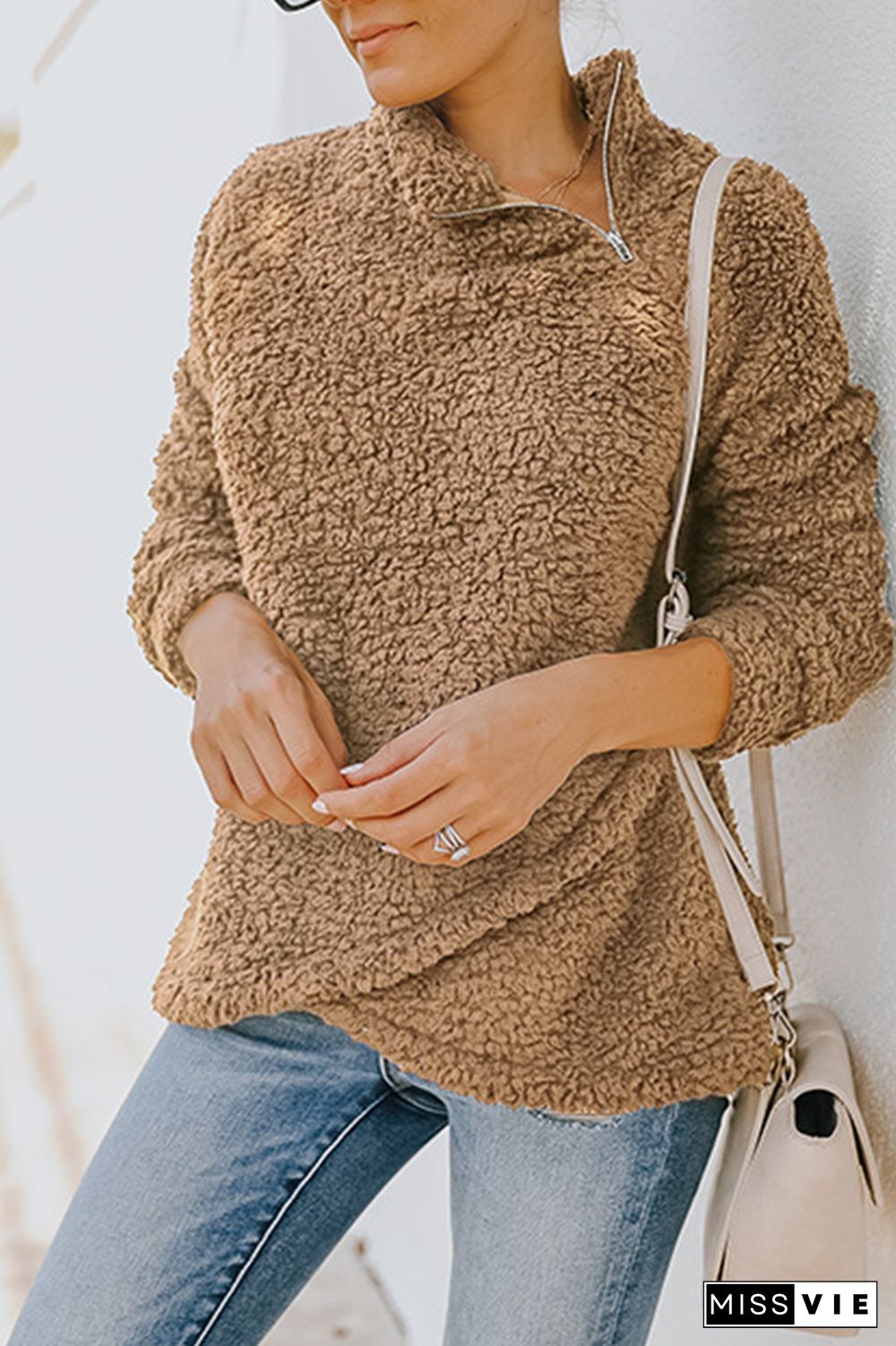 Fleece Zip Irregular Hem Warm Sweatshirt Women Wholesale