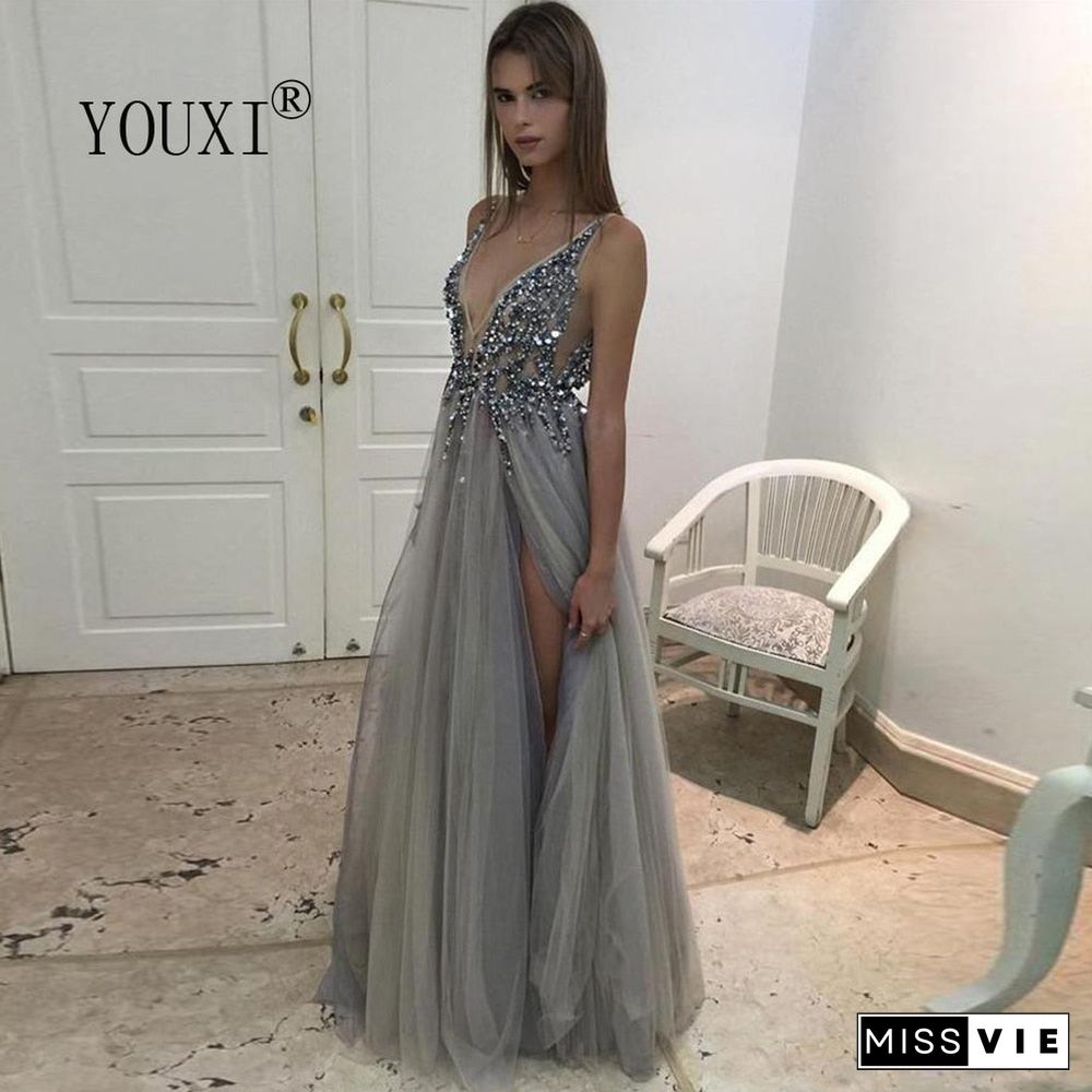 Beading Prom Dresses Long V Neck Light Gray High Split Tulle Sweep Train Sleeveless Evening Gown A-Line Backless Vestido De