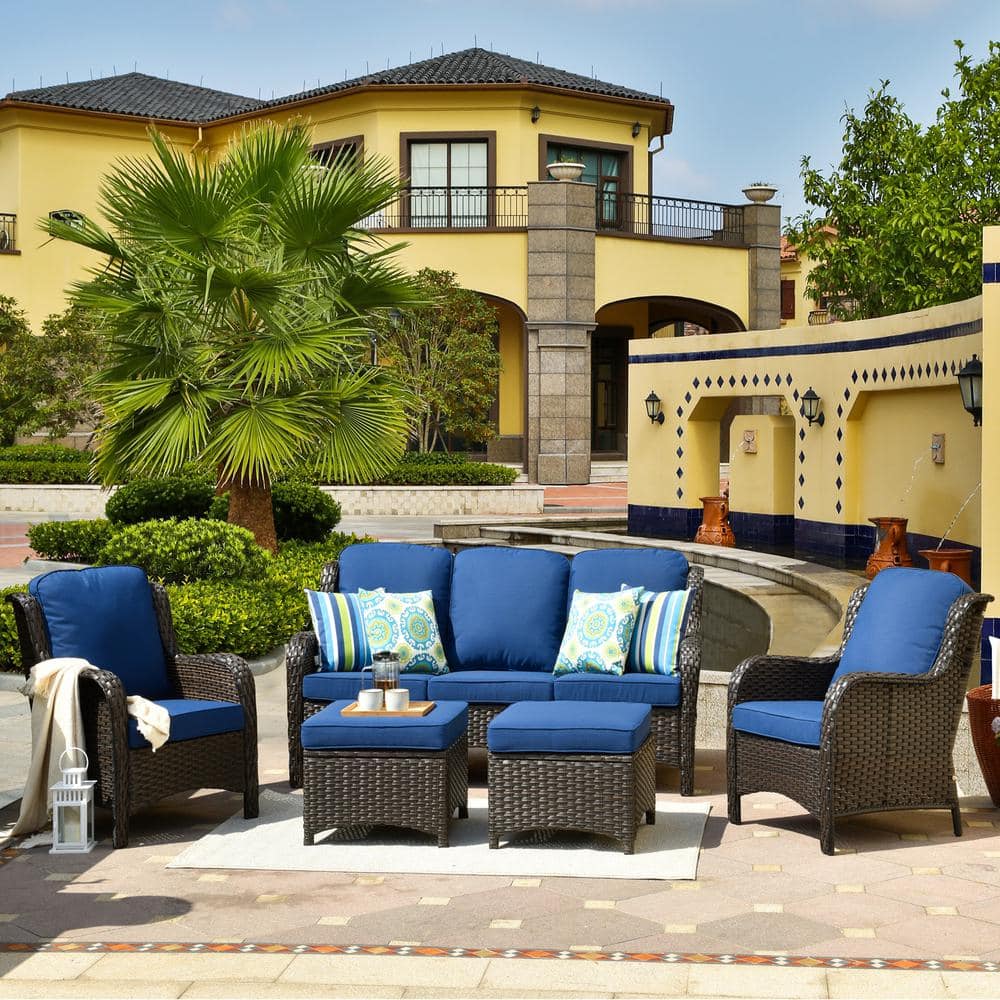 OVIOS New Kenard Brown 5-Piece Wicker Outdoor Patio Conversation Seating Set with Navy Blue Cushions NTC700