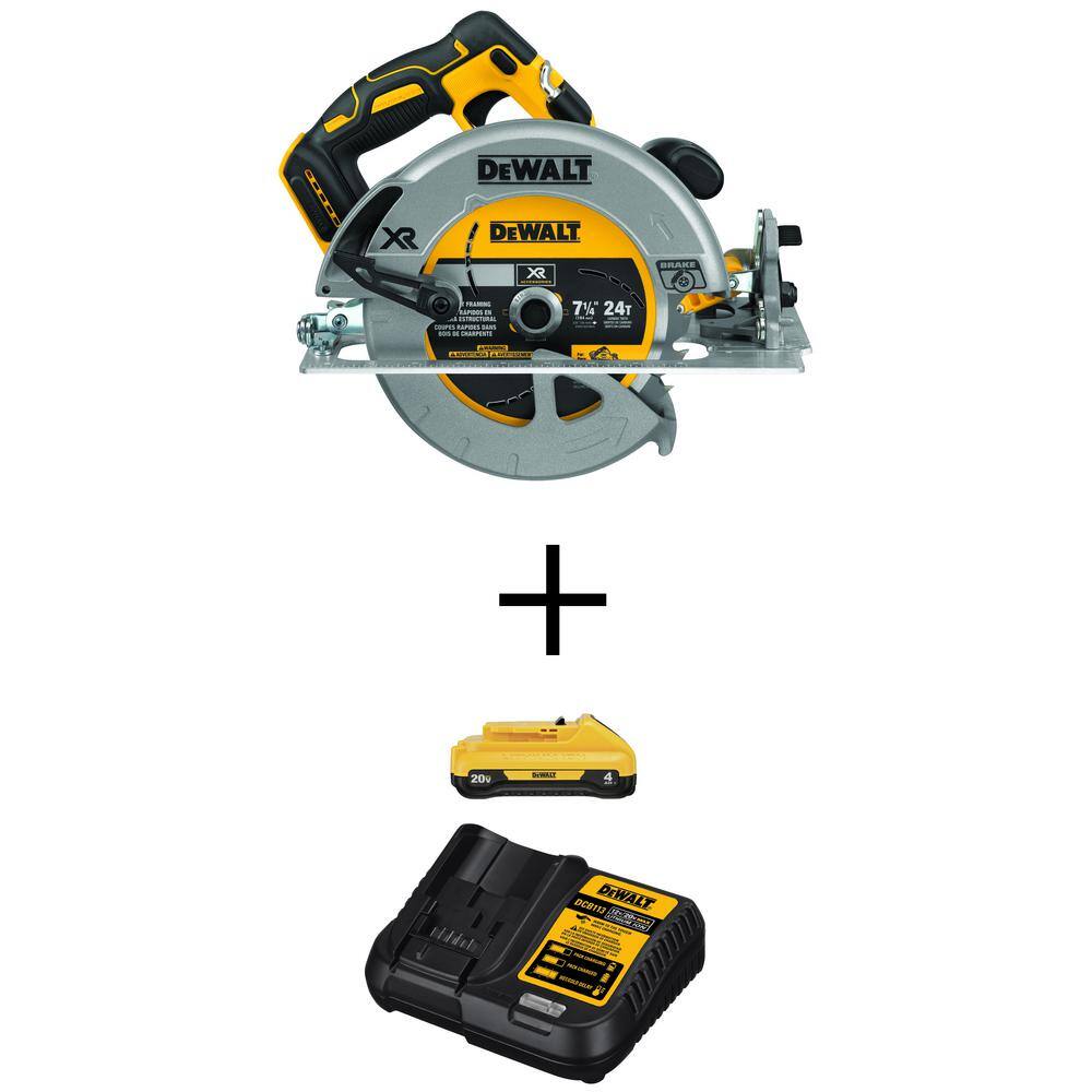 DW 20V MAX XR Cordless Brushless 7-14 in. Circular Saw (1) 20V Compact Lithium-Ion 4.0Ah Battery and 12V-20V MAX Charger DCS570BW240C