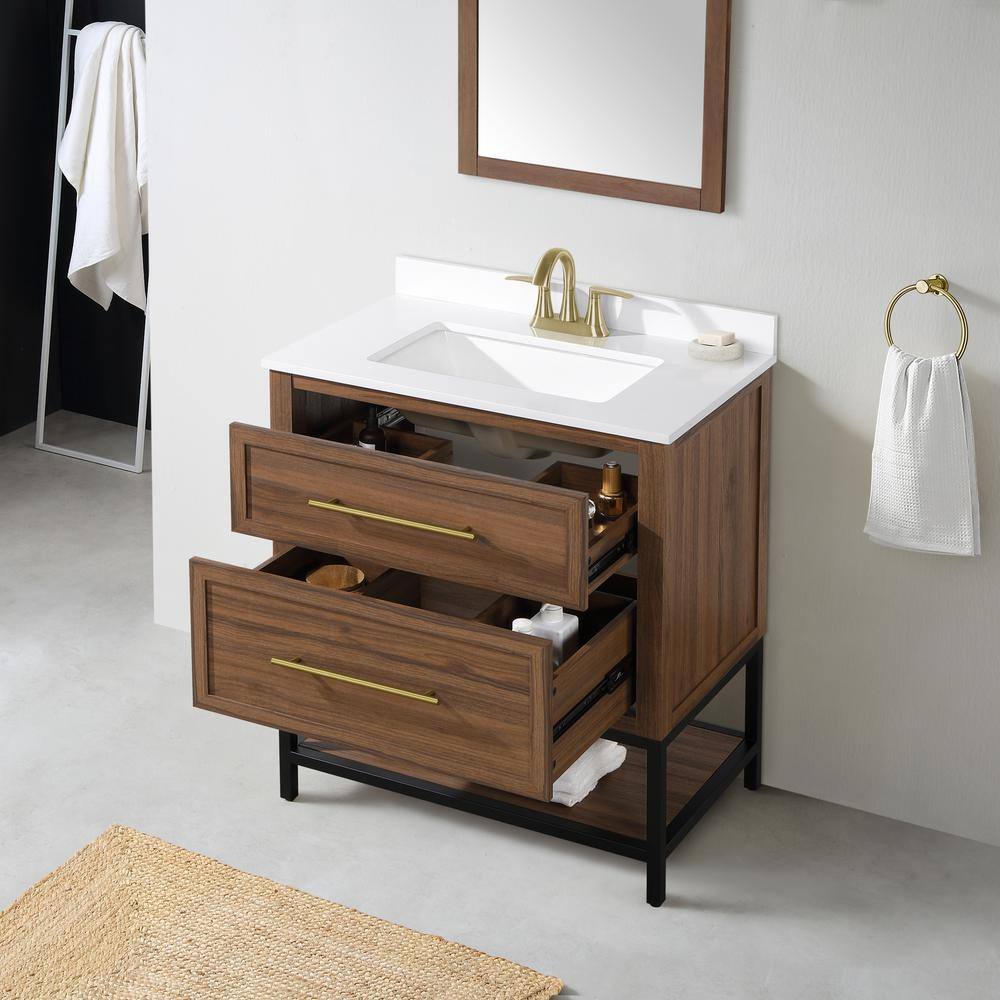 Home Decorators Collection Corley 30 in. W x 19 in. D x 34.50 in. H Freestanding Vanity in Spiced Walnut with White Engineered Stone Top Corley 30SW