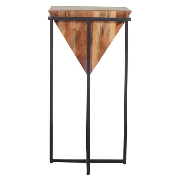 30 Inch Pyramid Shape Wooden Side Table With Cross Metal Base， Brown and Black - 30 H x 15 W x 15 L Inches