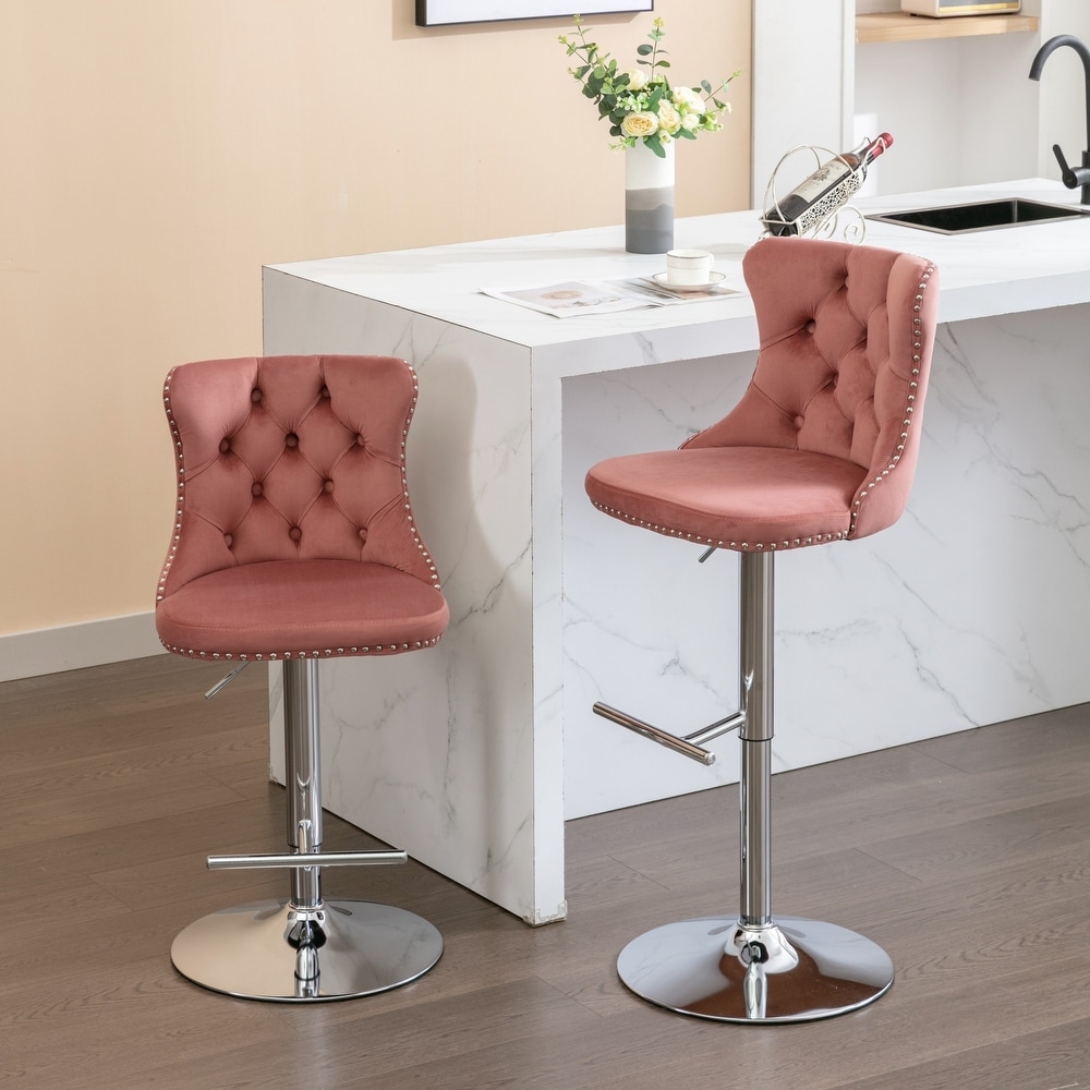 Set of 2 Swivel Velvet Tufted Adjusatble Seat Height Barstools