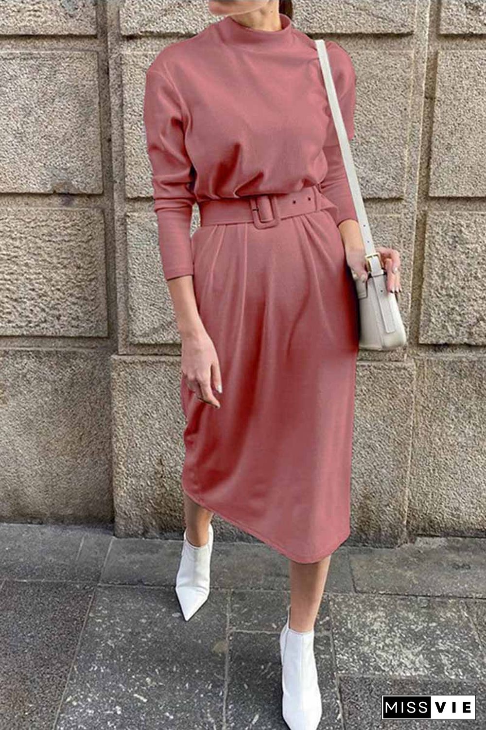 Loose Long Sleeve Solid Color Midi Dresses