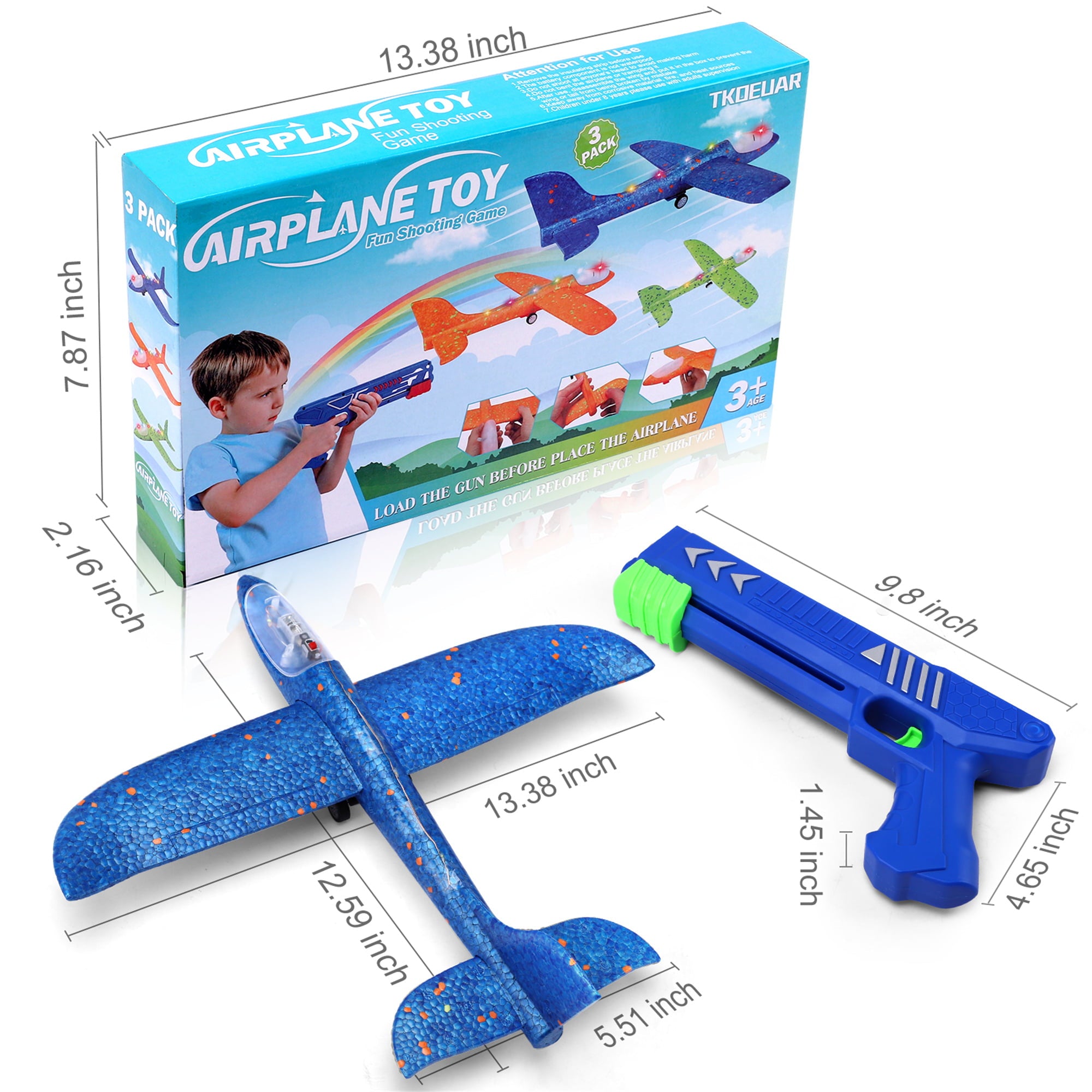 Growsly 3 Pack Airplane Launcher Toys， 12.6 Inch Foam Glider LED Airplane， 2 Flight Modes Catapult Airplane Boy Toys Kids Outdoor Flying Toys Gifts 4-12 Years Old Kids， Green， Orange， Blue