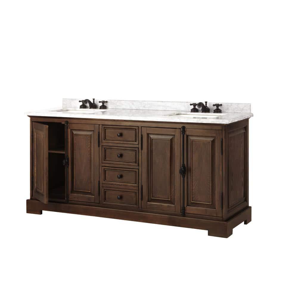 Home Decorators Collection Clinton 72in W x 22in D x 35in H Bath Vanity in Antique Coffee Double White Sinks w White Marble Top