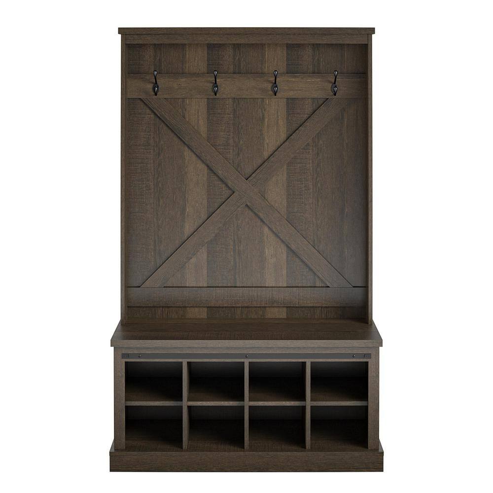 Ameriwood Home Bayshore Heights Brown Oak Entryway Bench with Hall Tree HD79316