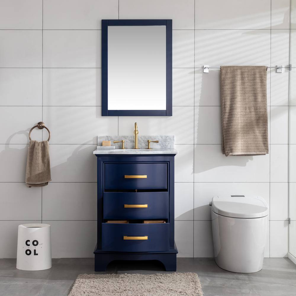 SUDIO Monroe 24 in. W x 22 in. D Bath Vanity in Navy Blue with Natural Marble Vanity Top in Carrara White with White Basin Monroe-24NB