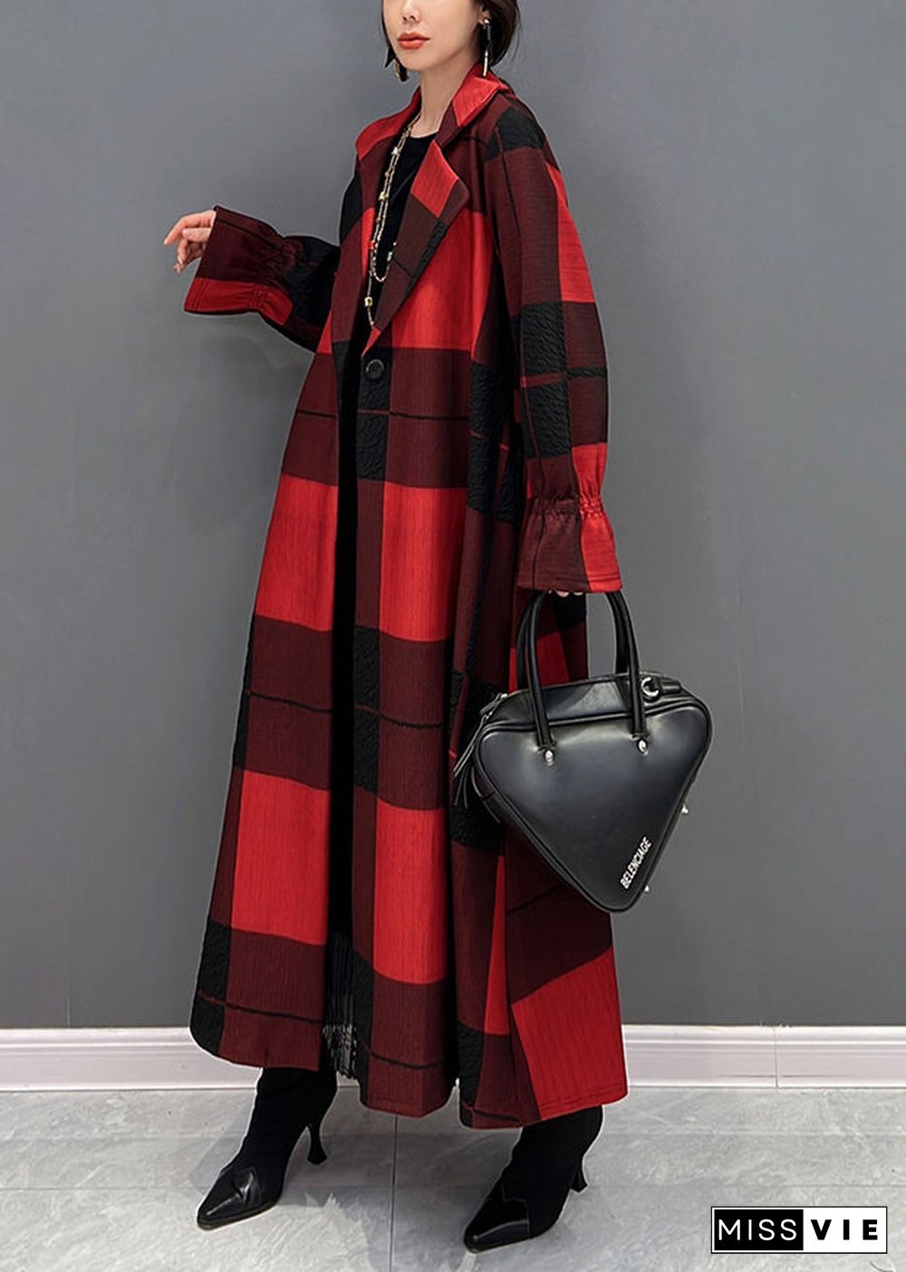 Casual Red Notched Plaid Tie Waist Long Coats Fall